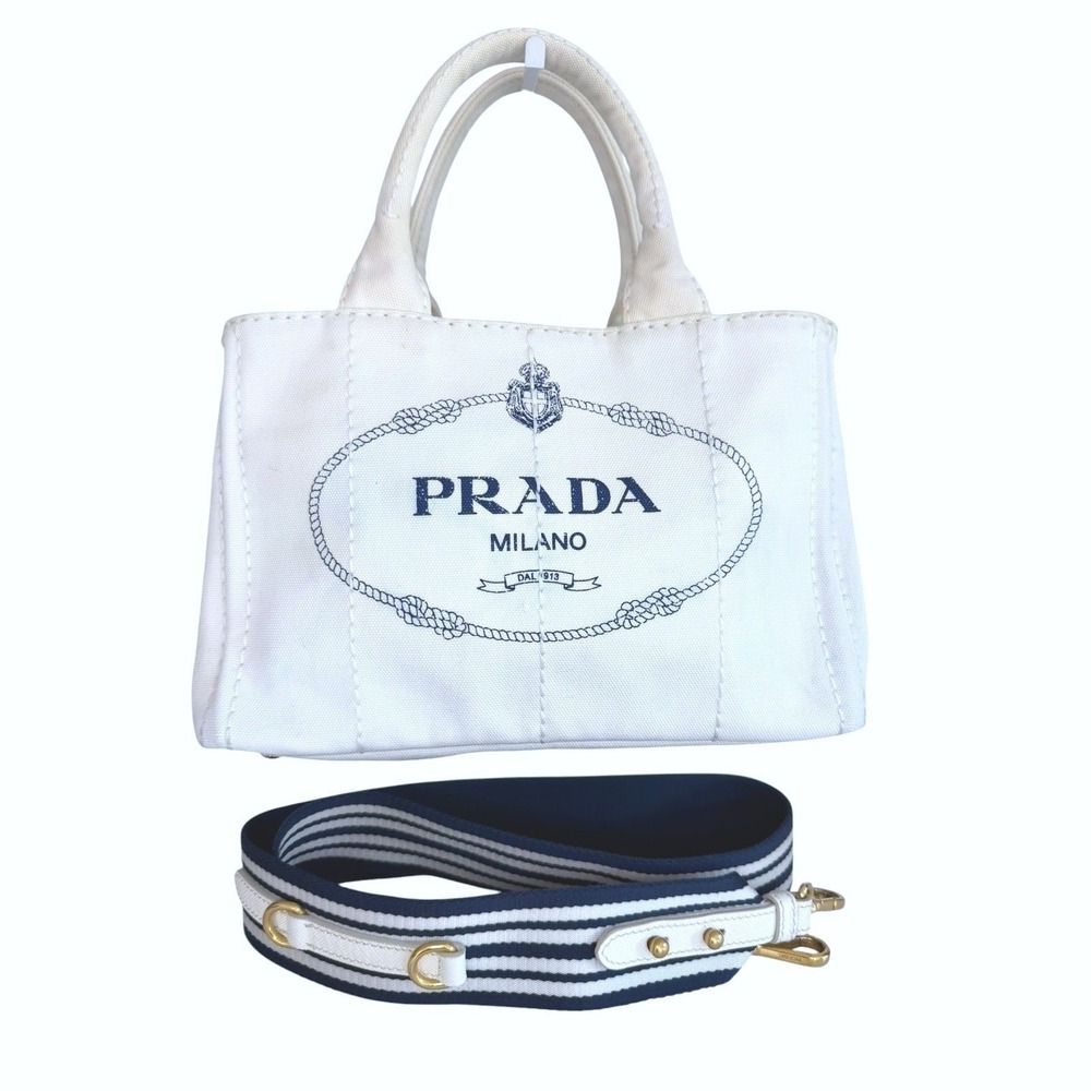 Prada Canapa Mini Canvas Crossbody Tote Bag White Navy Stripe Crossbody Dustbag